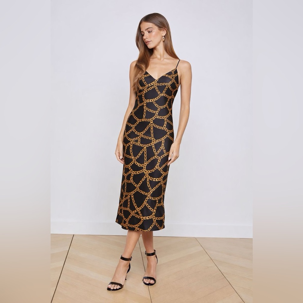 L'AGENCE Black and Gold Chain Printed Dress Jodie Dress Sz 8